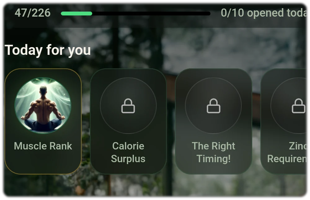 Food Insights in the app: 47 of 226 secrets unlocked, next to the Muscle rank, Energy surplus and Right timing tiles
