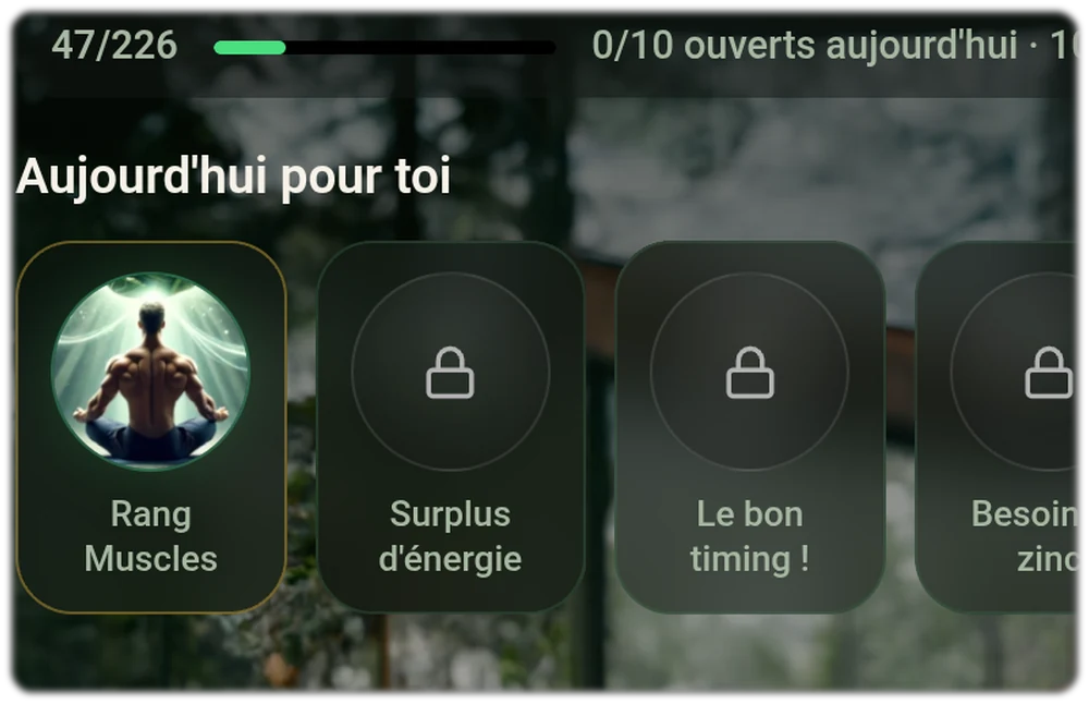 Food Insights dans l application: 47 secrets sur 226 debloques, a cote des tuiles Rang musculaire, Surplus d energie et Le bon moment