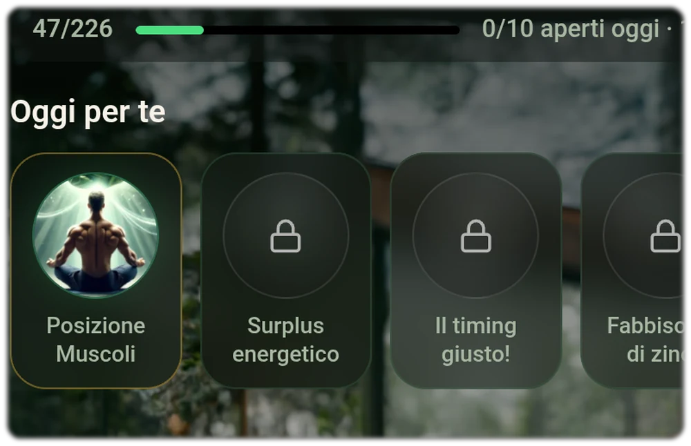 Food Insights nell app: 47 segreti su 226 sbloccati, accanto ai riquadri Rango muscolare, Surplus di energia e Il momento giusto