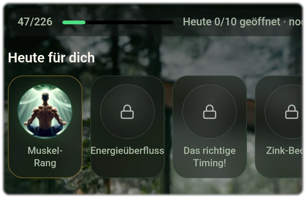 Food Insights in der App: 47 von 226 Geheimnissen freigeschaltet, daneben die Kacheln Muskel-Rang, Energieueberfluss und Das richtige Timing
