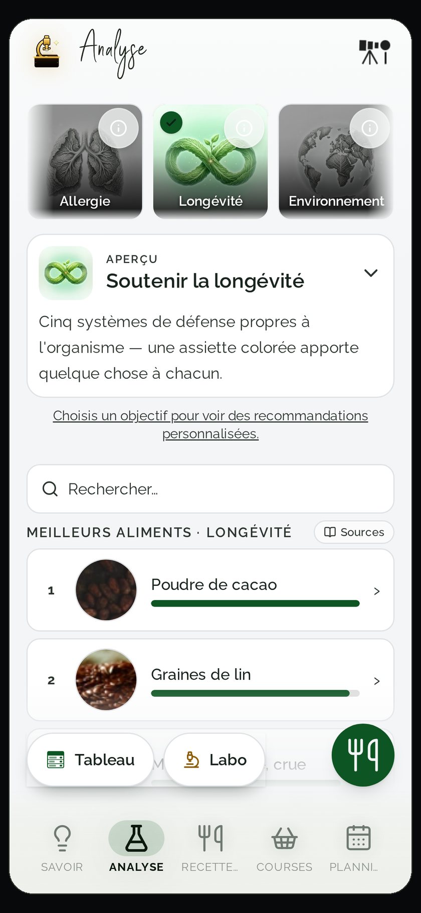 Food Secrets – capture d'écran de l'app de nutrition avec import de recettes, analyse & listes de courses