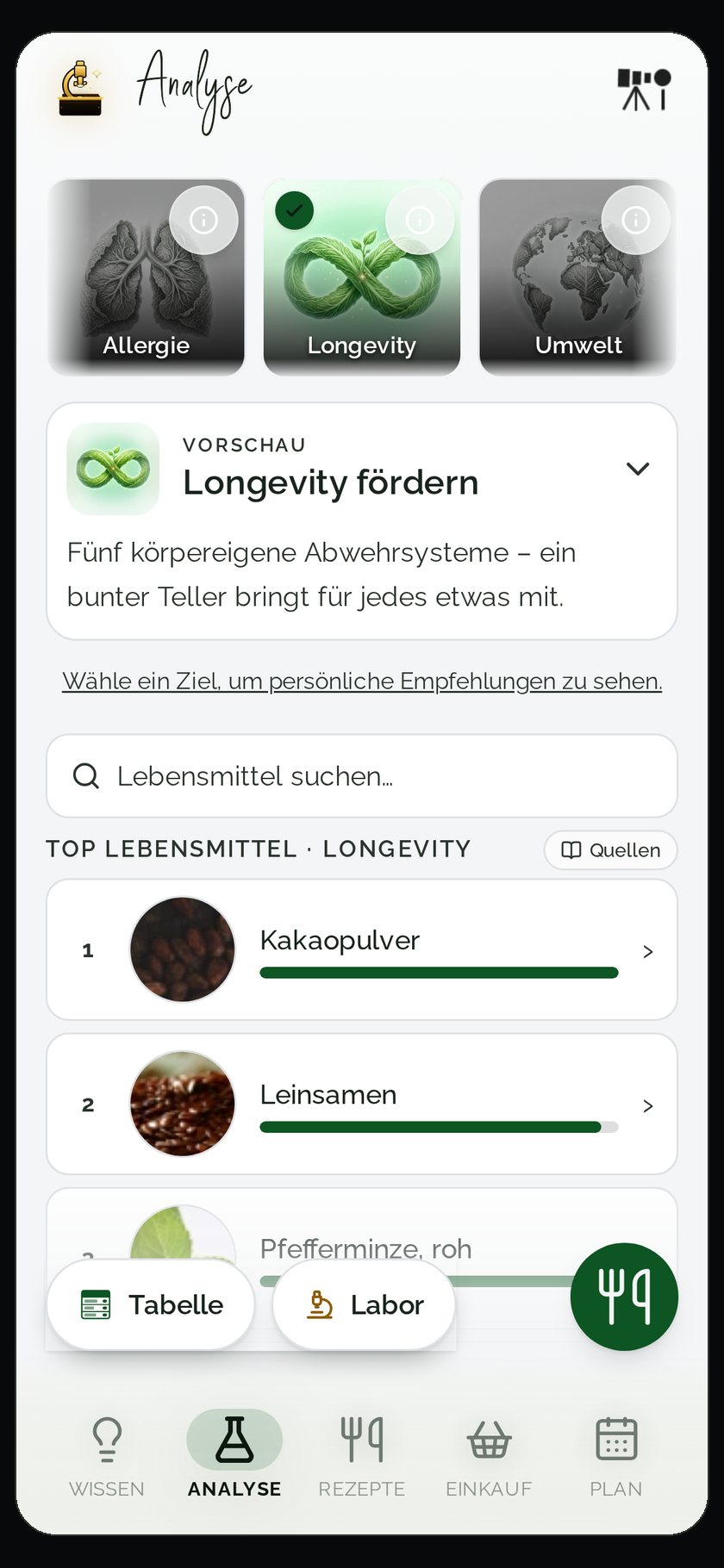 Food Secrets – Ernährungs-App Screenshot mit Rezept-Import, Analyse & Einkaufslisten