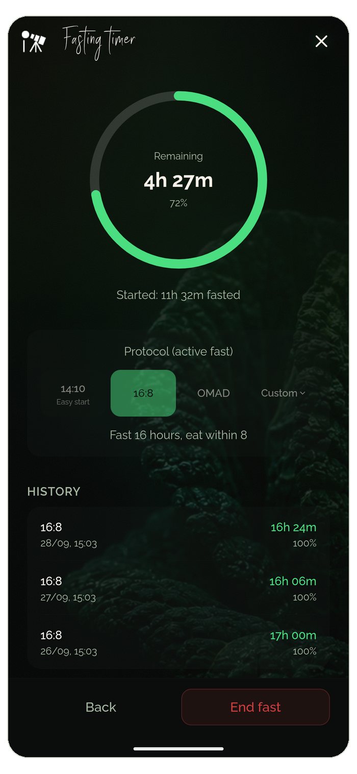 Fasting timer in the Food Secrets app: 16:8 intermittent fasting with a running timer, protocol picker and history