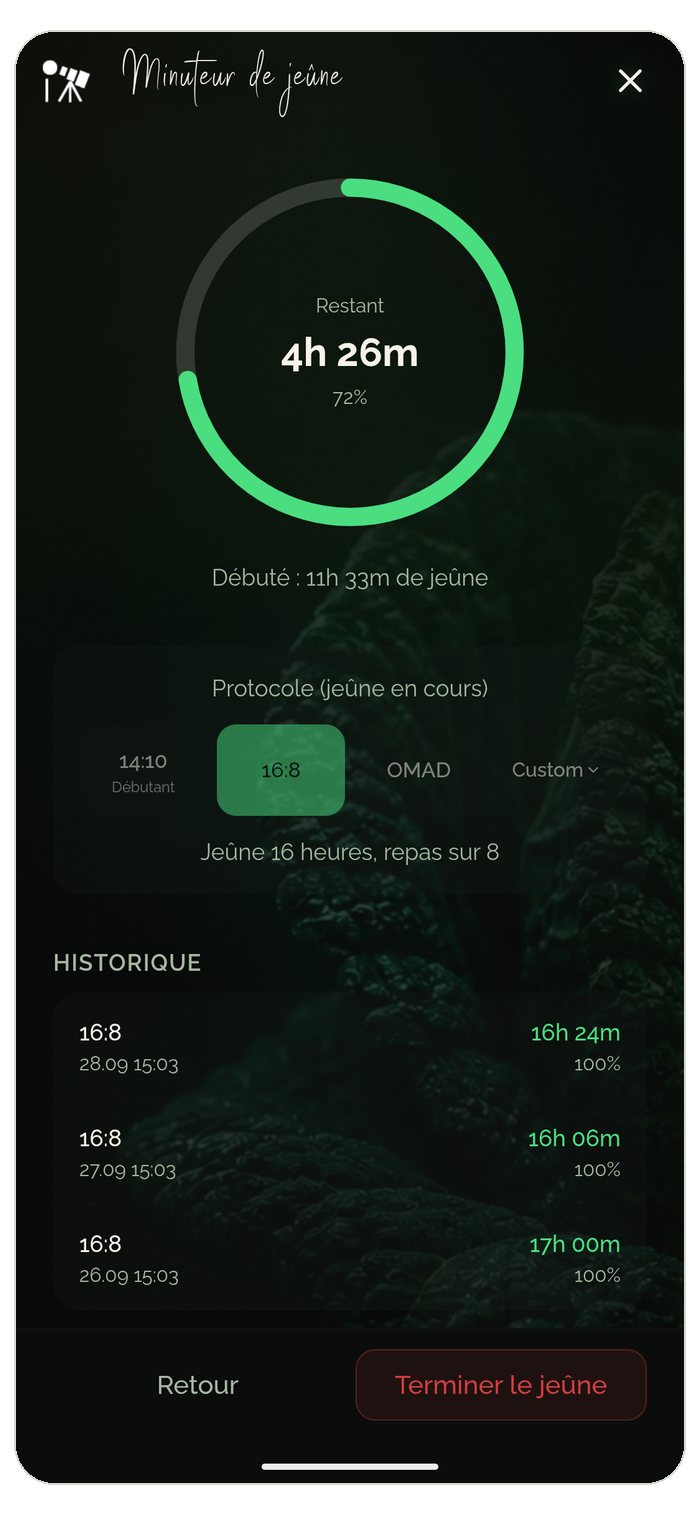 Minuteur de jeûne de l'app Food Secrets : jeûne intermittent 16:8 avec minuteur en cours, choix du protocole et historique