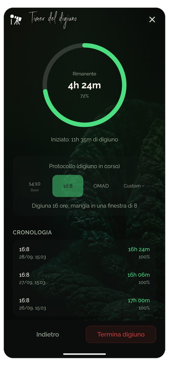 Timer del digiuno dell'app Food Secrets: digiuno intermittente 16:8 con timer attivo, scelta del protocollo e cronologia