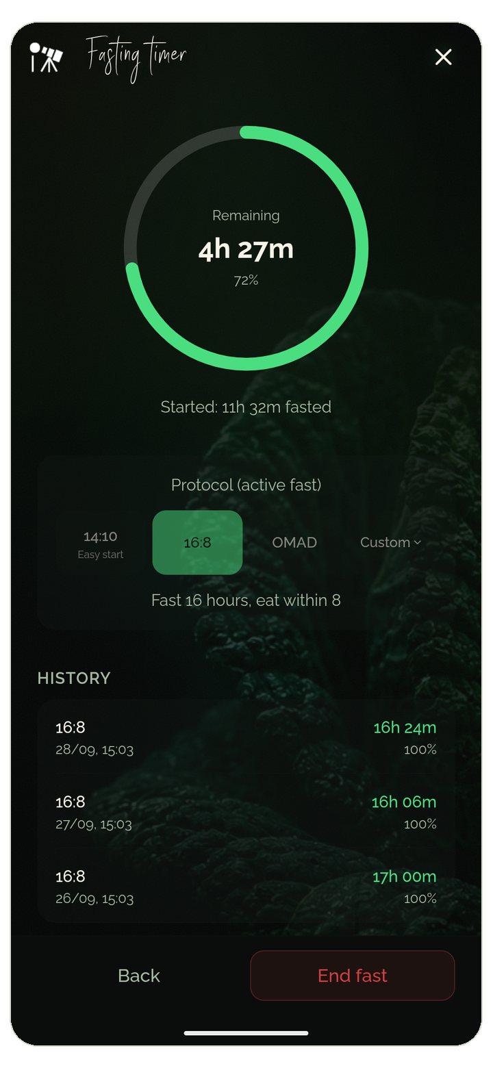 Free intermittent fasting app: fasting timer with 16:8, live display, history and reminders