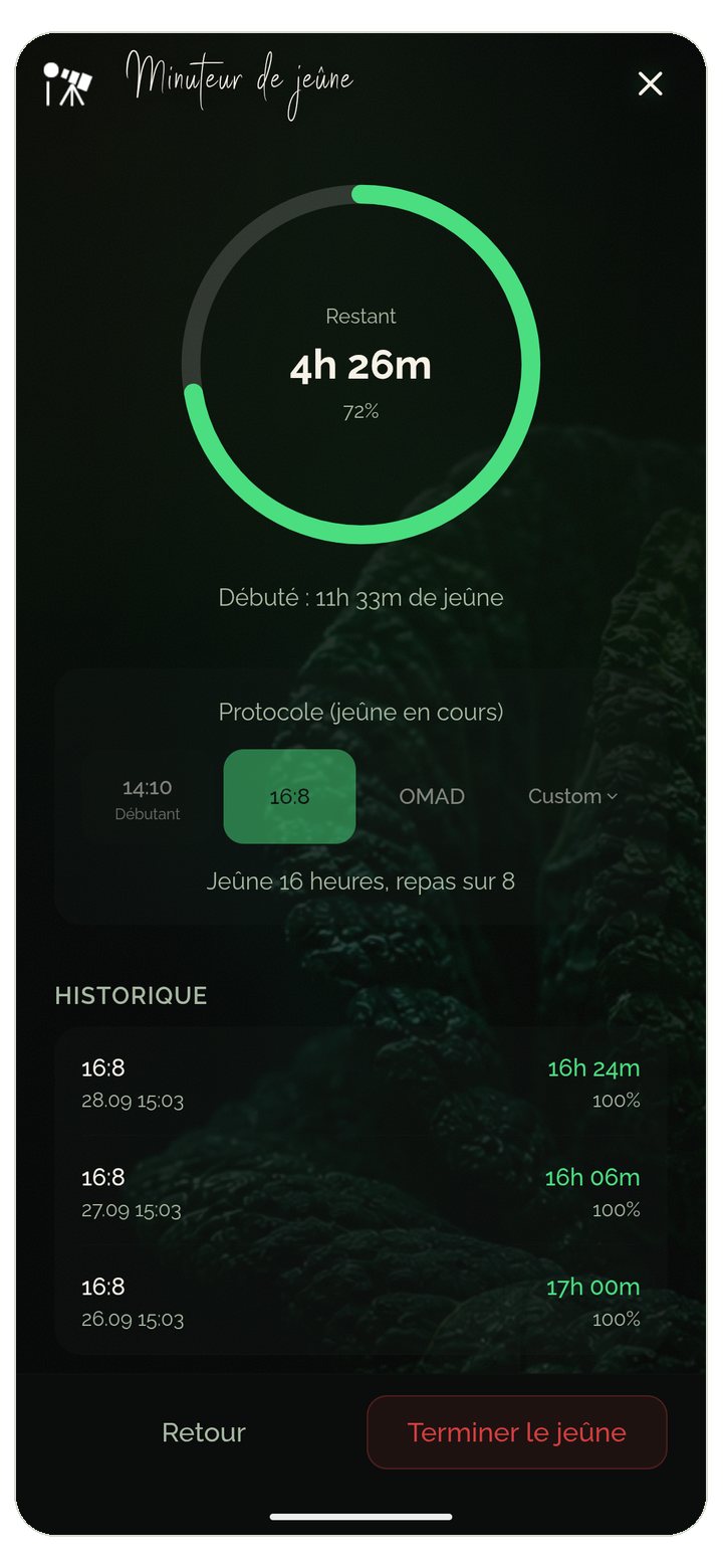 Application de jeûne intermittent gratuite : minuteur 16:8 avec affichage en direct, historique et rappels