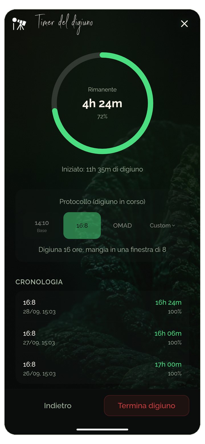 App gratuita per il digiuno intermittente: timer 16:8 con visualizzazione live, cronologia e promemoria