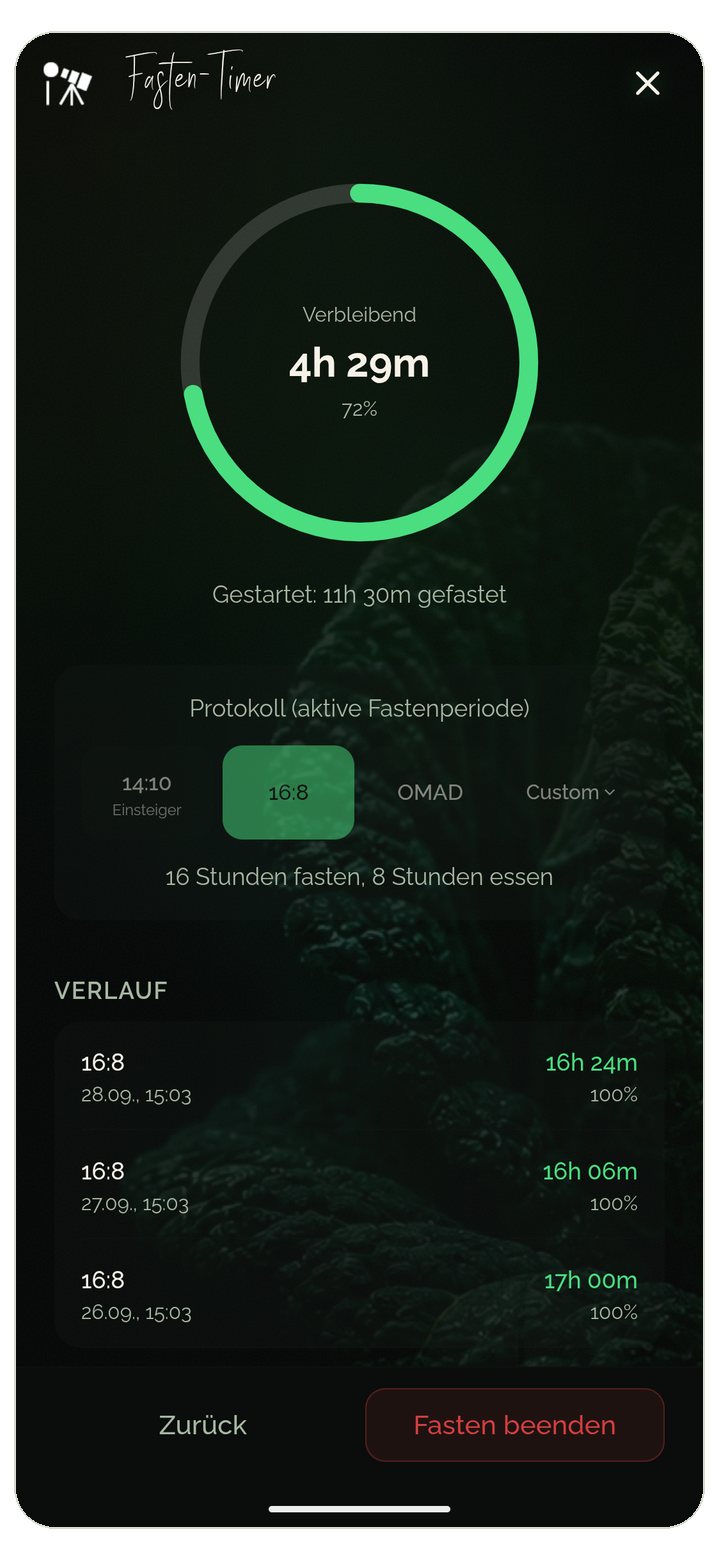 Food Secrets App Fasten-Timer — Intervallfasten nach 16:8 mit laufendem Timer, Verlauf und Erinnerungen