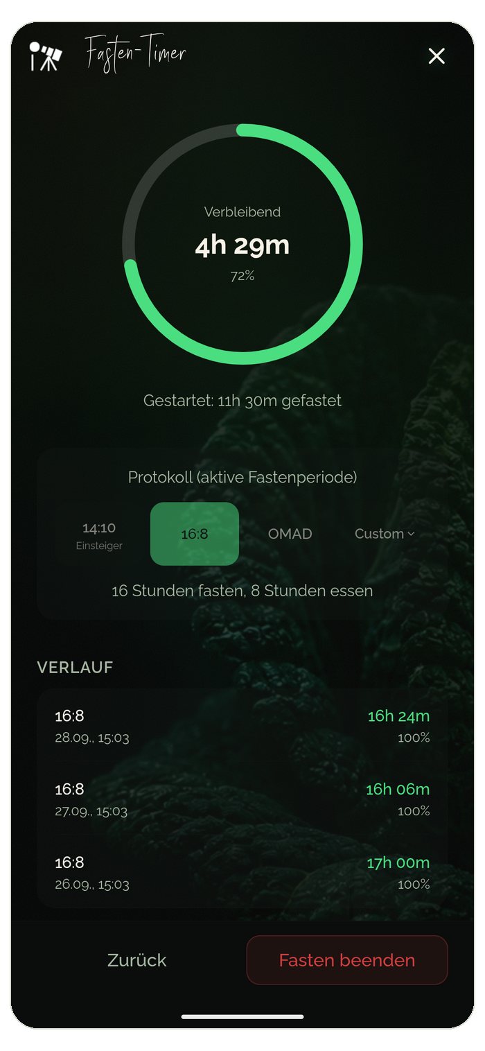 Fasten-Timer der Food Secrets App: Intervallfasten nach 16:8 mit laufendem Timer, Protokollauswahl und Verlauf