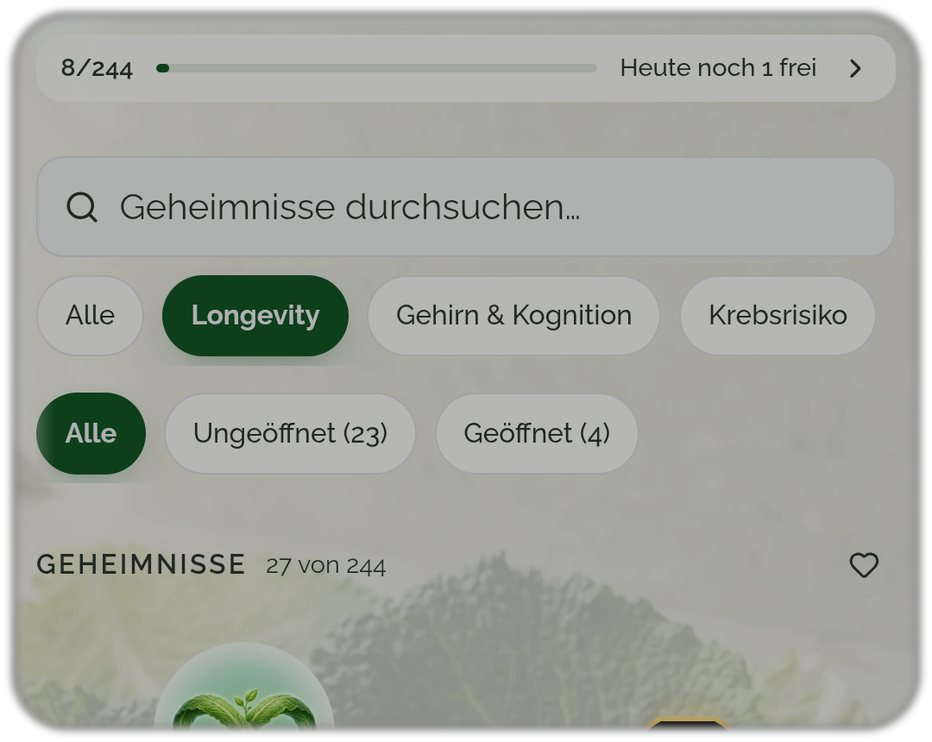 Food Secrets App, Bereich Wissen: Fortschritt der geöffneten Geheimnisse, Filter nach Ernährungsziel und täglich neue Truhen zum Öffnen