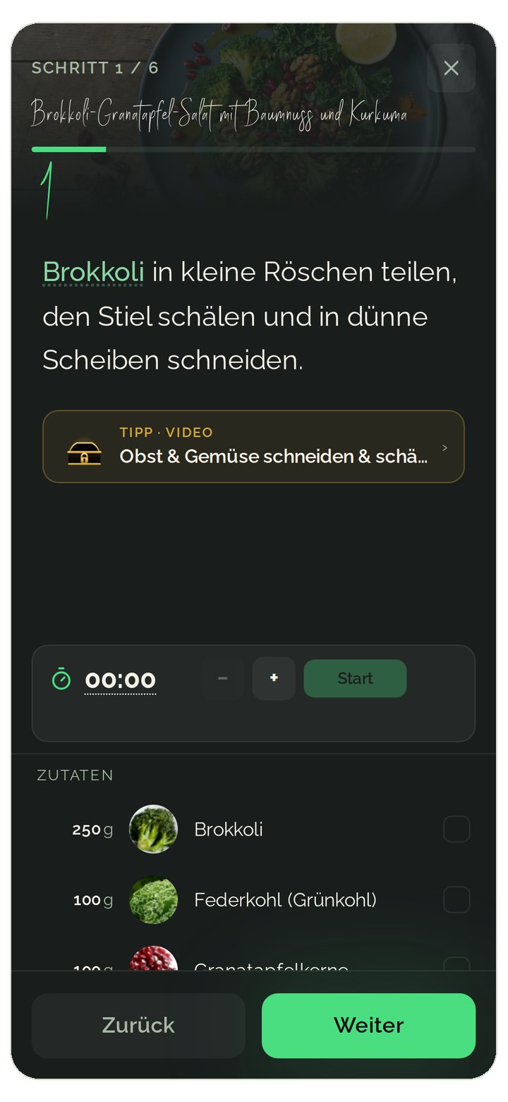 Food Secrets App Kochmodus — Schritt-für-Schritt-Anleitung mit Timer im Schritt und mitgerechneten Portionen