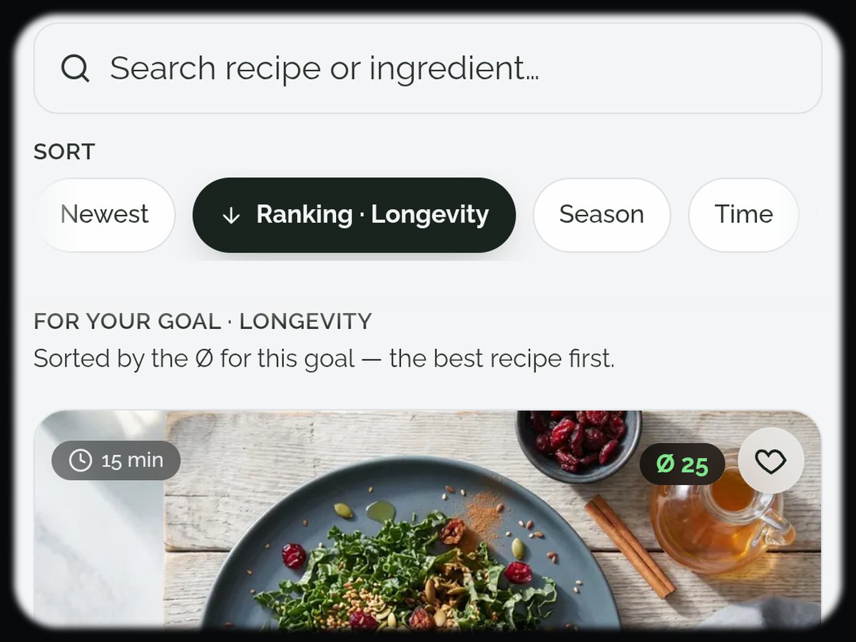 Recipe list in the Food Secrets nutrition app with a search field, ranking sort and a recipe scored 94