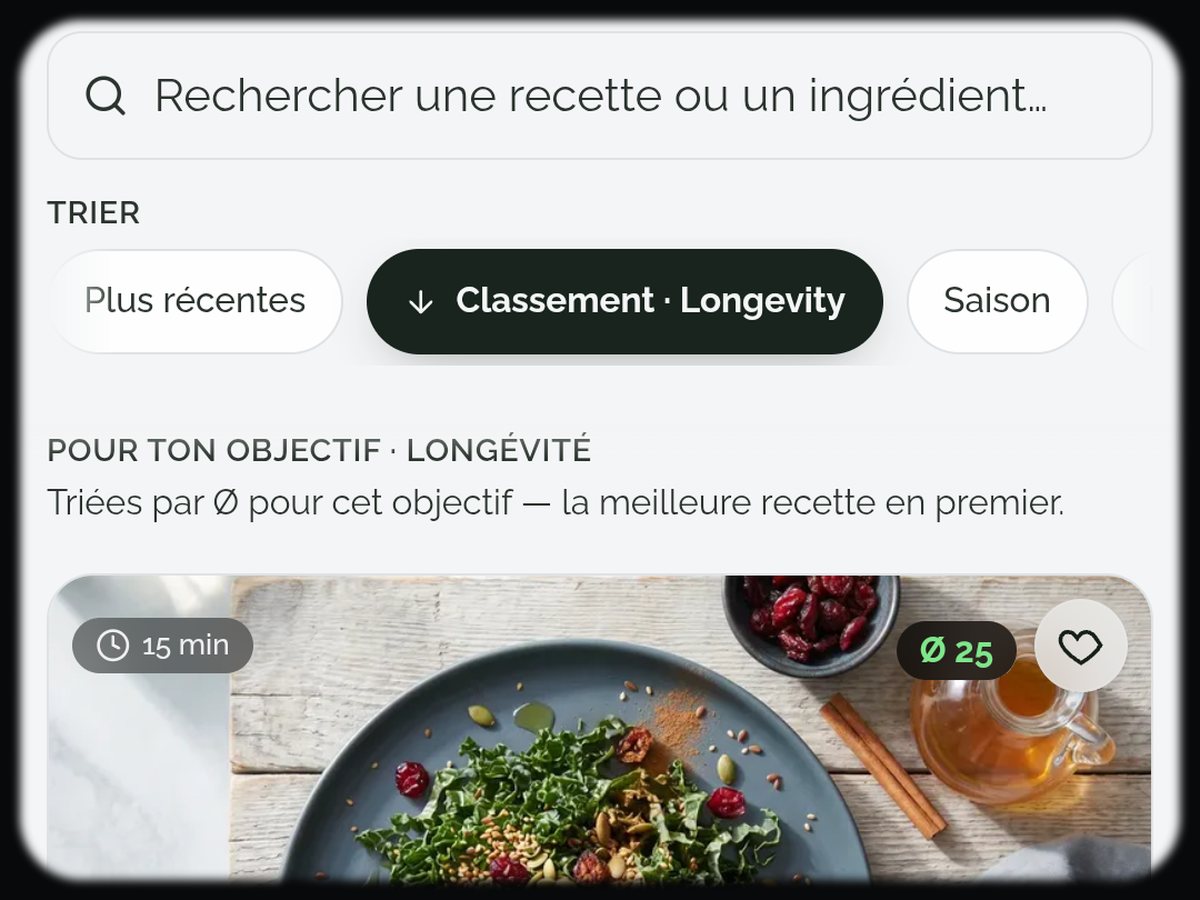 Liste de recettes de l application de nutrition Food Secrets avec recherche, tri par classement et une recette notee 94