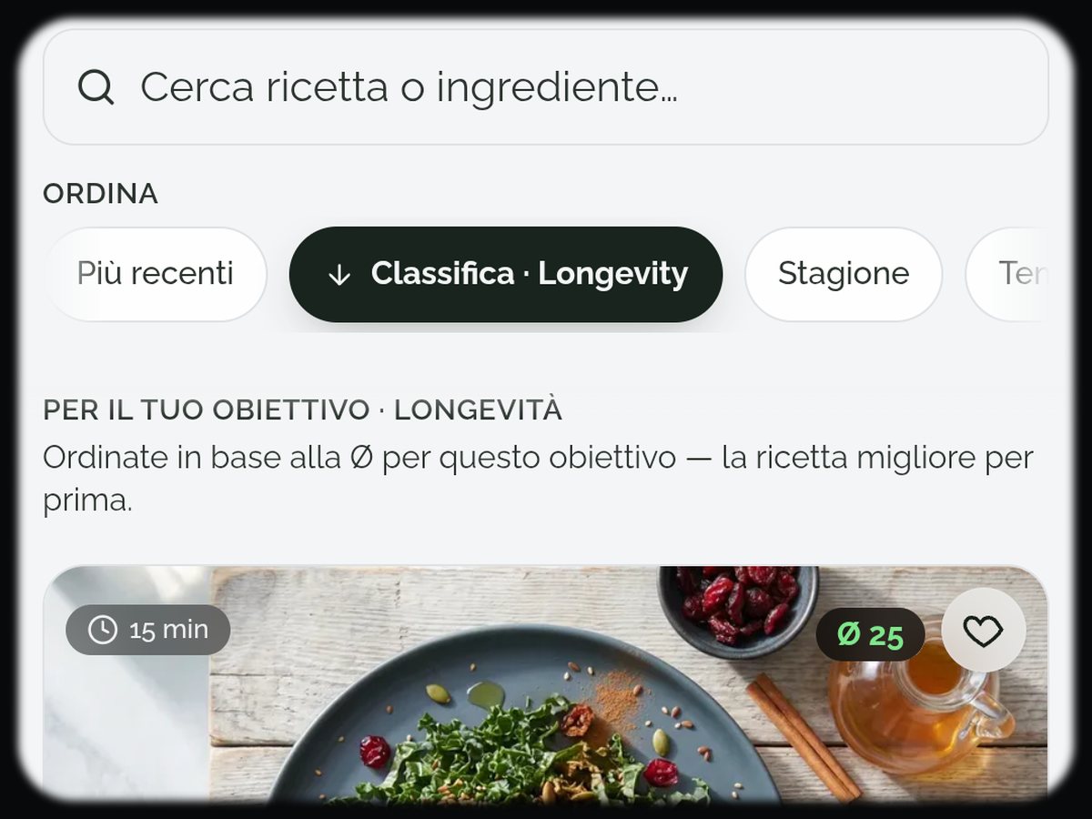 Elenco di ricette dell app di nutrizione Food Secrets con ricerca, ordinamento per classifica e una ricetta con punteggio 94