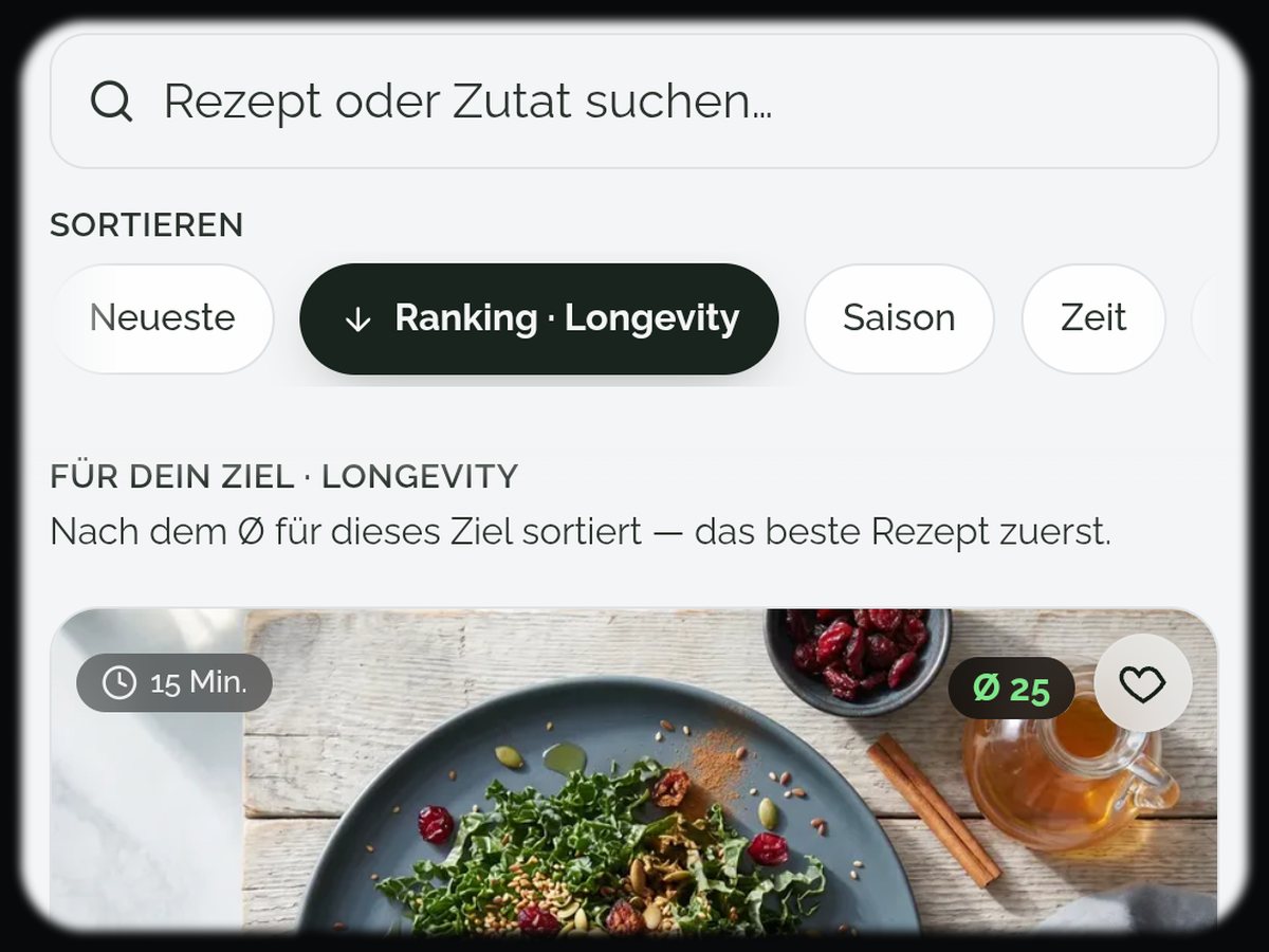 Rezeptliste der Food Secrets Ernaehrungs-App mit Suchfeld, Sortierung nach Ranking und einem Rezept mit Bewertung 94