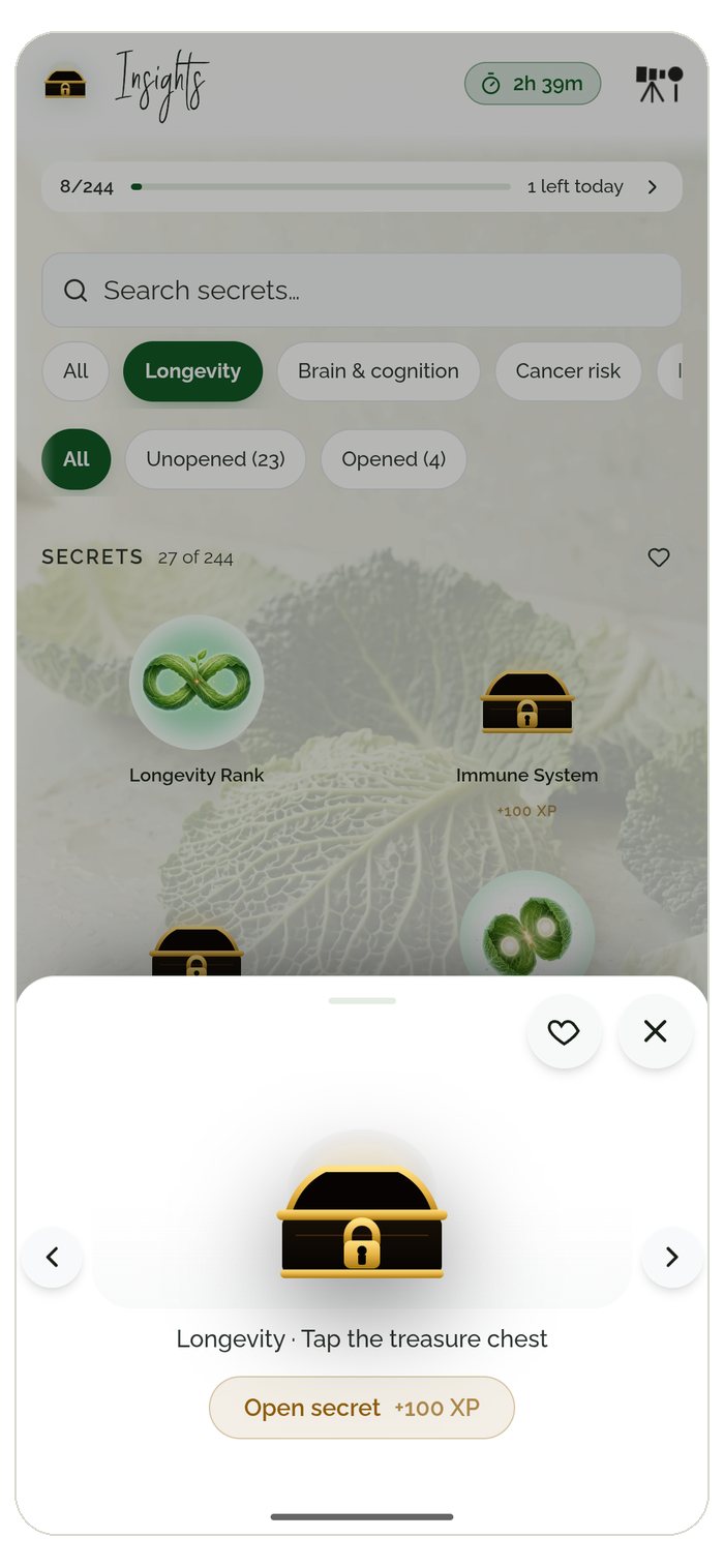 Food Secrets app treasure vault — collect opened nutrition secrets, unlock Signature Secrets and schedule them into the weekly plan