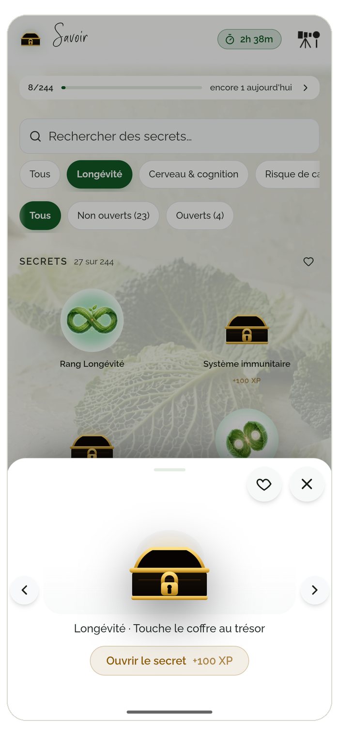 Chambre au trésor de l'app Food Secrets — collectionner les secrets nutritionnels ouverts, débloquer les Signature Secrets et les planifier dans la semaine