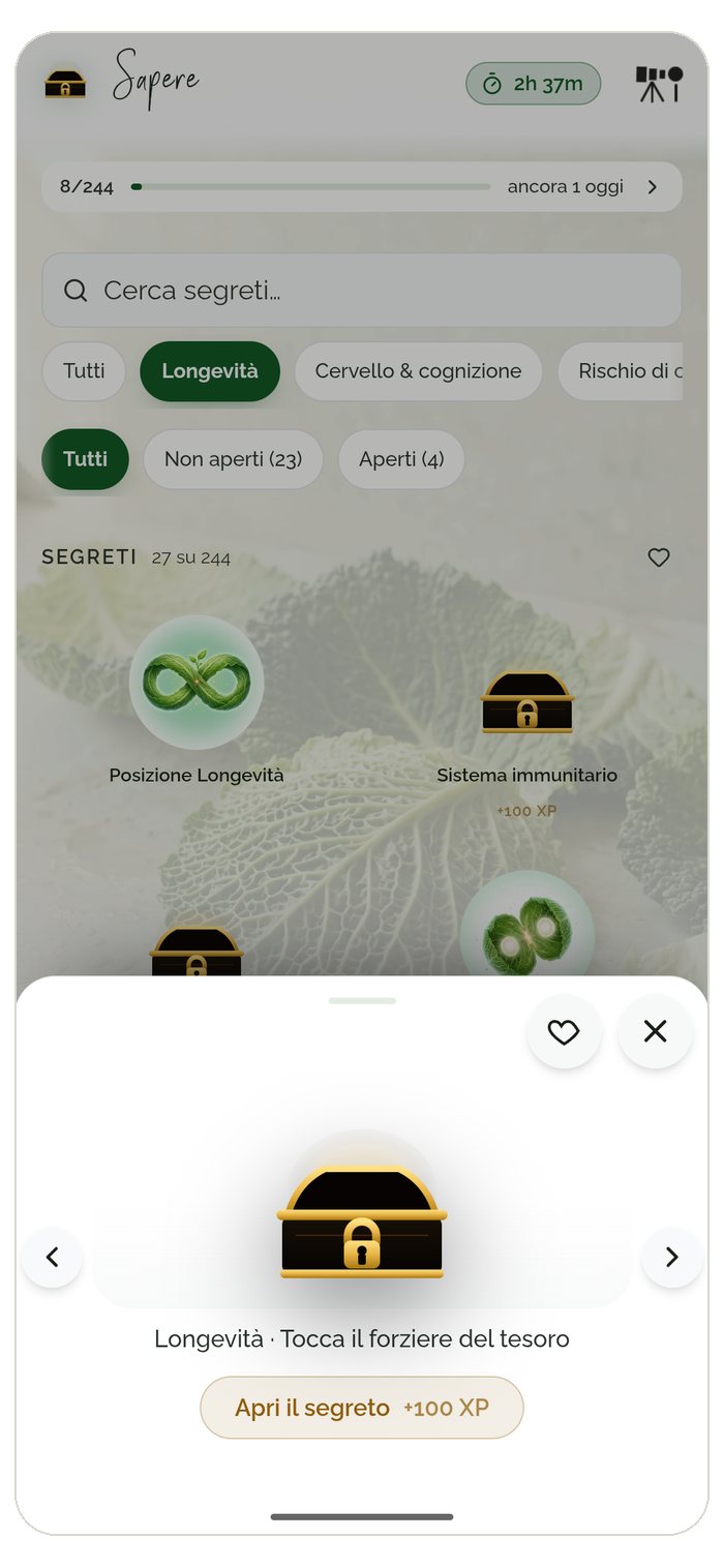 Camera del tesoro dell'app Food Secrets — colleziona i segreti nutrizionali aperti, sblocca i Signature Secrets e programmali nel piano settimanale