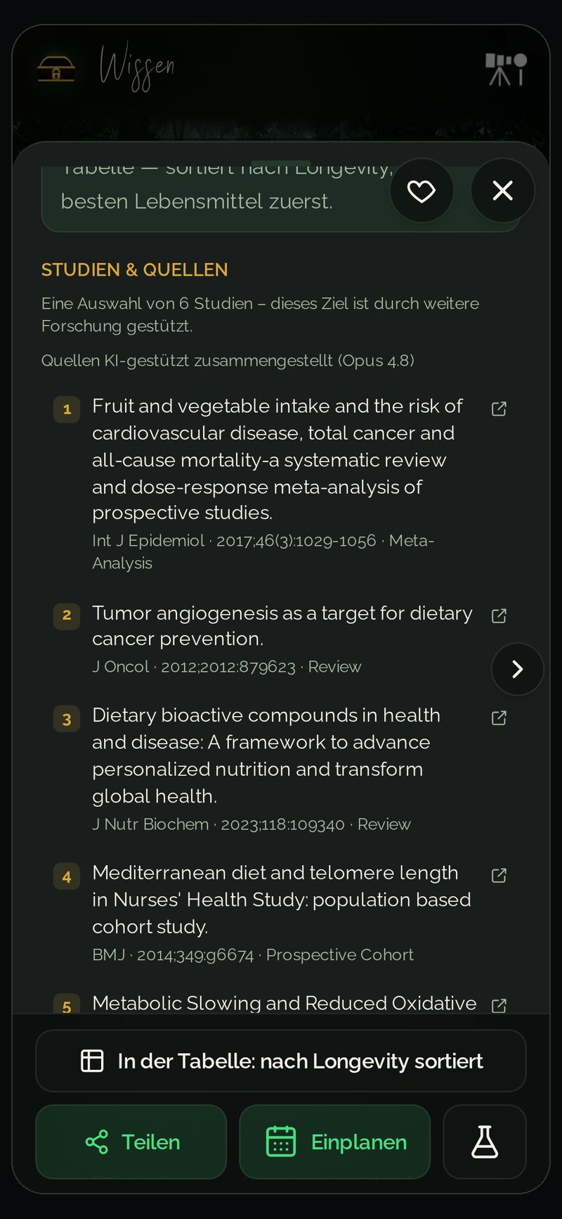 Studien zur Ernährung in der Food Secrets App: Quellenangabe und Studientyp zu jedem Ernährungstipp, Originalstudie mit einem Klick