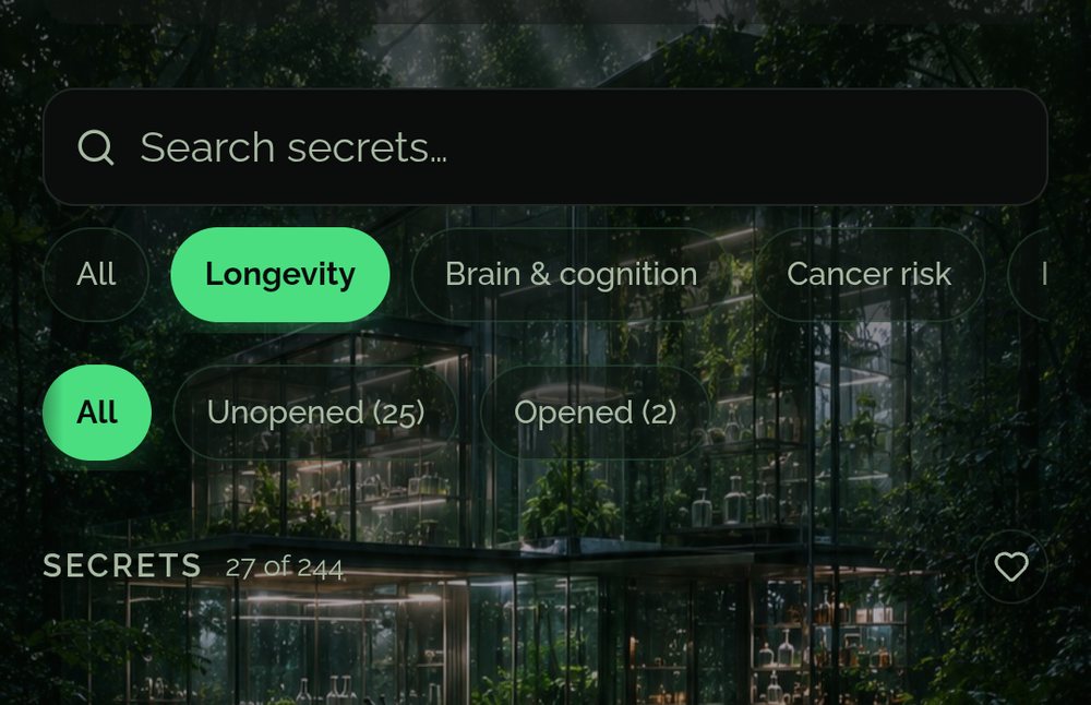 Insights in the Food Secrets app: secrets filtered by goal, with progress across 244 secrets and new chests every day