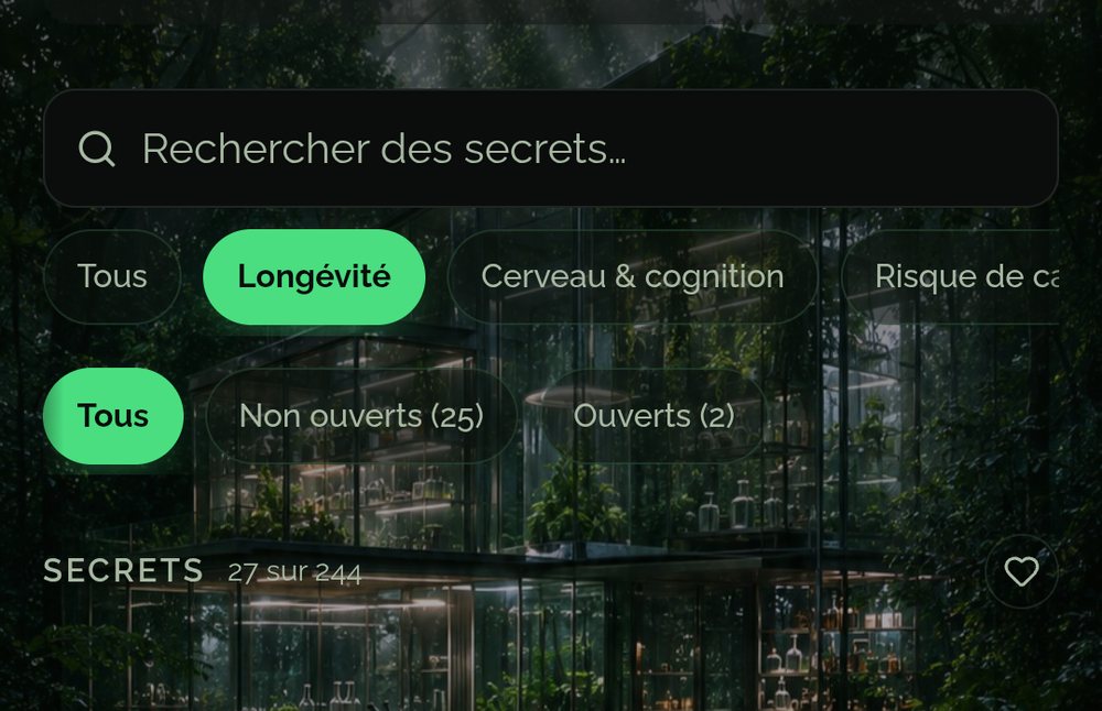 Savoir dans l'app Food Secrets : secrets filtrés par objectif, avec la progression sur 244 secrets et de nouveaux coffres chaque jour