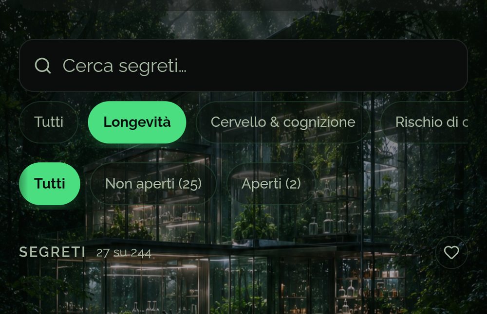Sapere nell'app Food Secrets: segreti filtrati per obiettivo, con i progressi su 244 segreti e nuovi forzieri ogni giorno