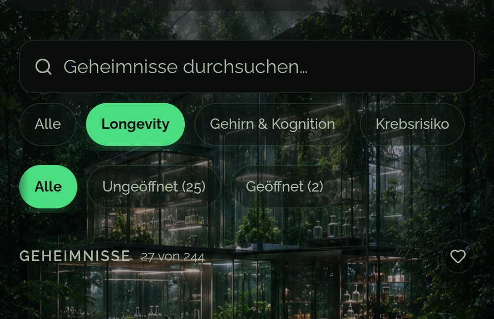 Wissen in der Food Secrets App: Geheimnisse nach Ziel gefiltert, mit Fortschritt von 244 Geheimnissen und täglich neuen Truhen