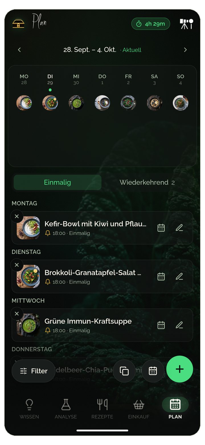 Food Secrets App — ein Food Insight direkt im Wochenplan terminieren, mit Erinnerung, damit aus Ernährungswissen eine Gewohnheit wird