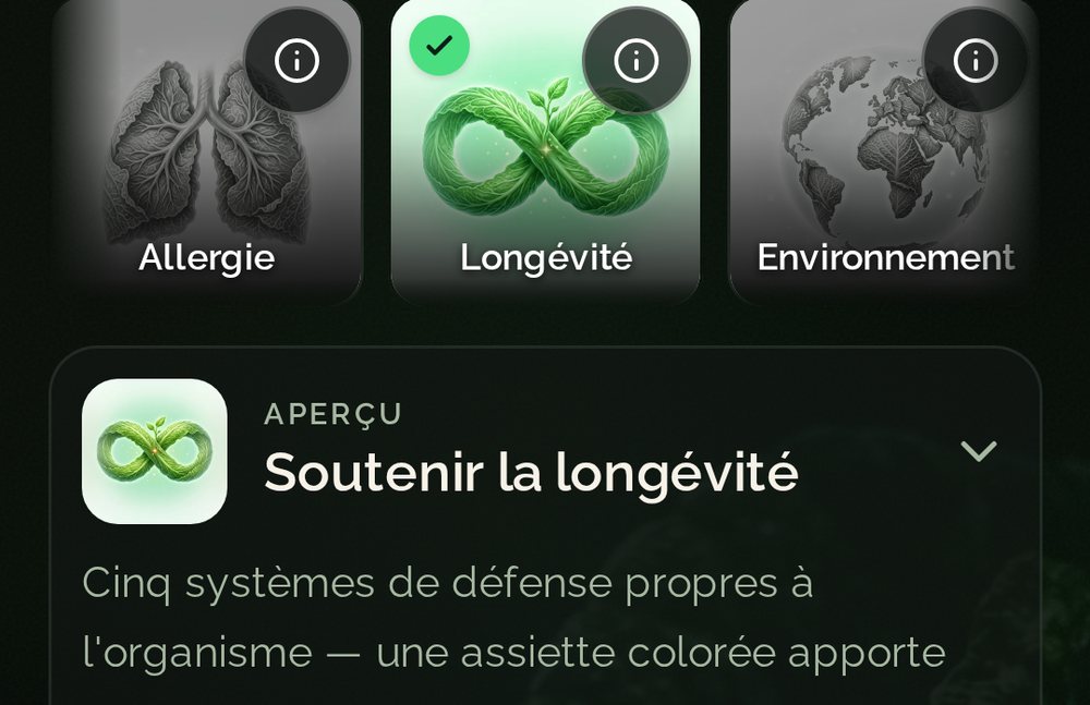 Choix de l'objectif dans l'app Food Secrets : les tuiles Allergie, Longévité et Environnement, Longévité est choisie comme objectif