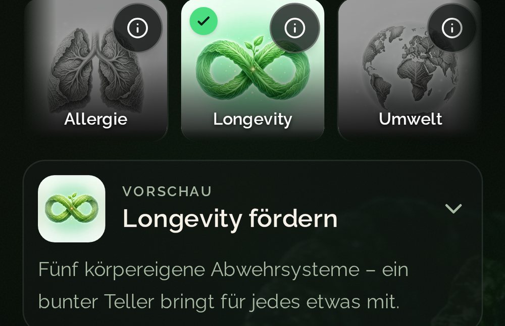 Ziel-Auswahl in der Food Secrets App: die Kacheln Allergie, Longevity und Umwelt, Longevity ist als Ernährungsziel gewählt