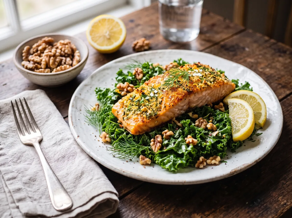 Recipe for the brain: oven-baked salmon with a herb crust on kale salad with toasted walnuts, dill and lemon wedges