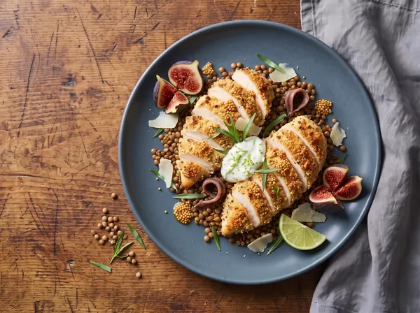 Pollo in crosta di parmigiano e germe di grano su lenticchie con fichi e yogurt al lime – ricetta per la massa muscolare