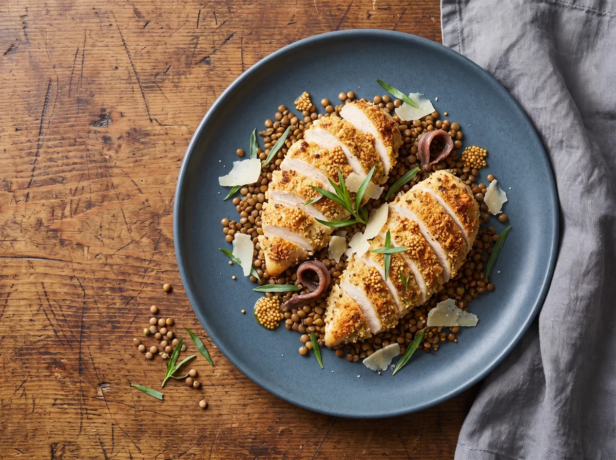 Ricetta per la massa muscolare: petto di pollo affettato in crosta dorata di parmigiano e germe di grano su lenticchie tiepide al dragoncello