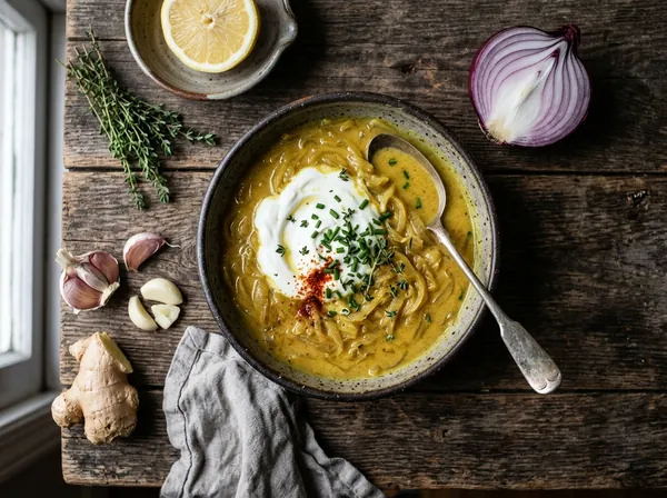 Zwiebel-Knoblauch-Ingwer-Suppe mit Kurkuma in einer Schale, mit griechischem Joghurt, Schnittlauch und Thymian